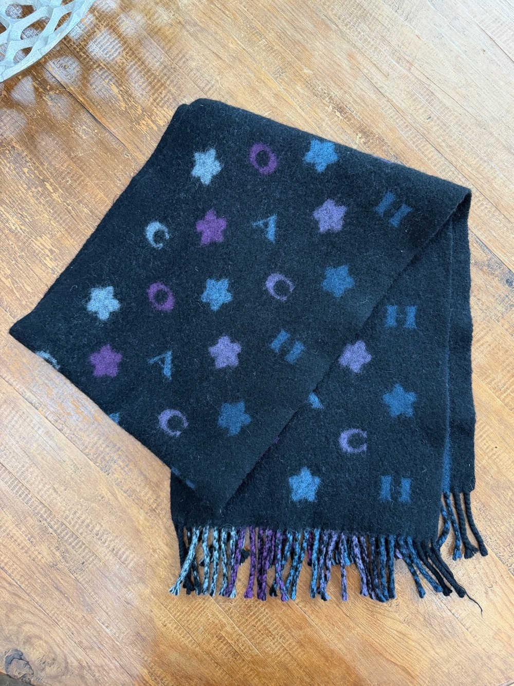 Black Coach Stars Striped Print Muffler Scarf 100% Wool with Fringe